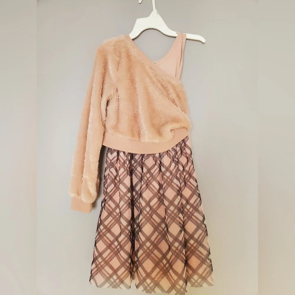 Knitworks Girls 2-Piece Dress Set - Faux Fur Crop Top & Plaid Skirt - Size 14